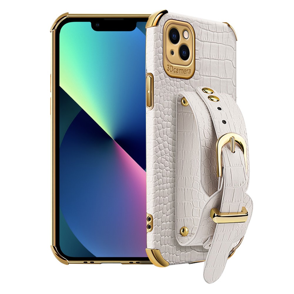 For iPhone 13 mini 5.4 inch Wristband Phone Cover Anti-scratch Crocodile Texture Electroplating Precise Cutout PU Leather + TPU Cell Phone Case - White
