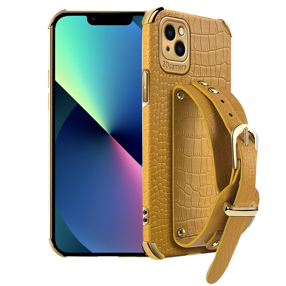 For iPhone 13 mini 5.4 inch Wristband Phone Cover Anti-scratch Crocodile Texture Electroplating Precise Cutout PU Leather + TPU Cell Phone Case - Yellow
