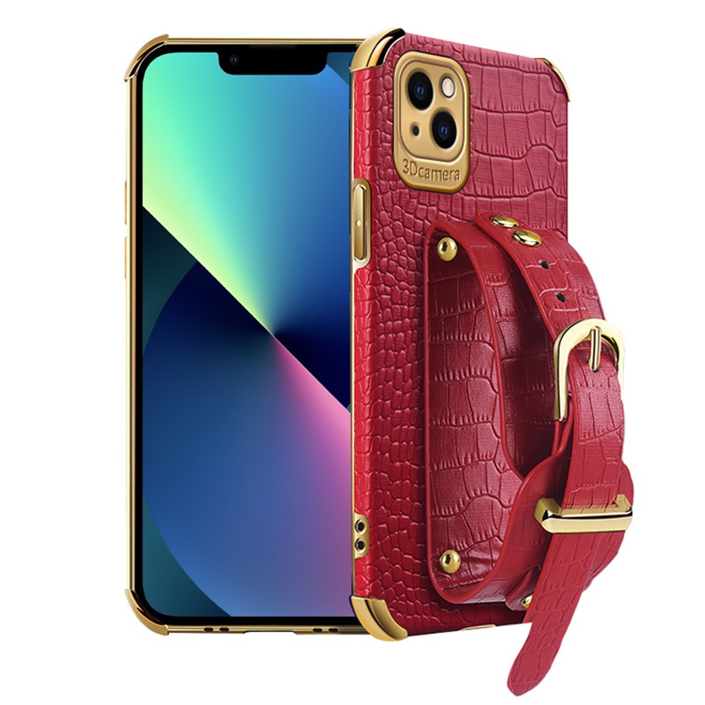For iPhone 13 mini 5.4 inch Wristband Phone Cover Anti-scratch Crocodile Texture Electroplating Precise Cutout PU Leather + TPU Cell Phone Case - Red