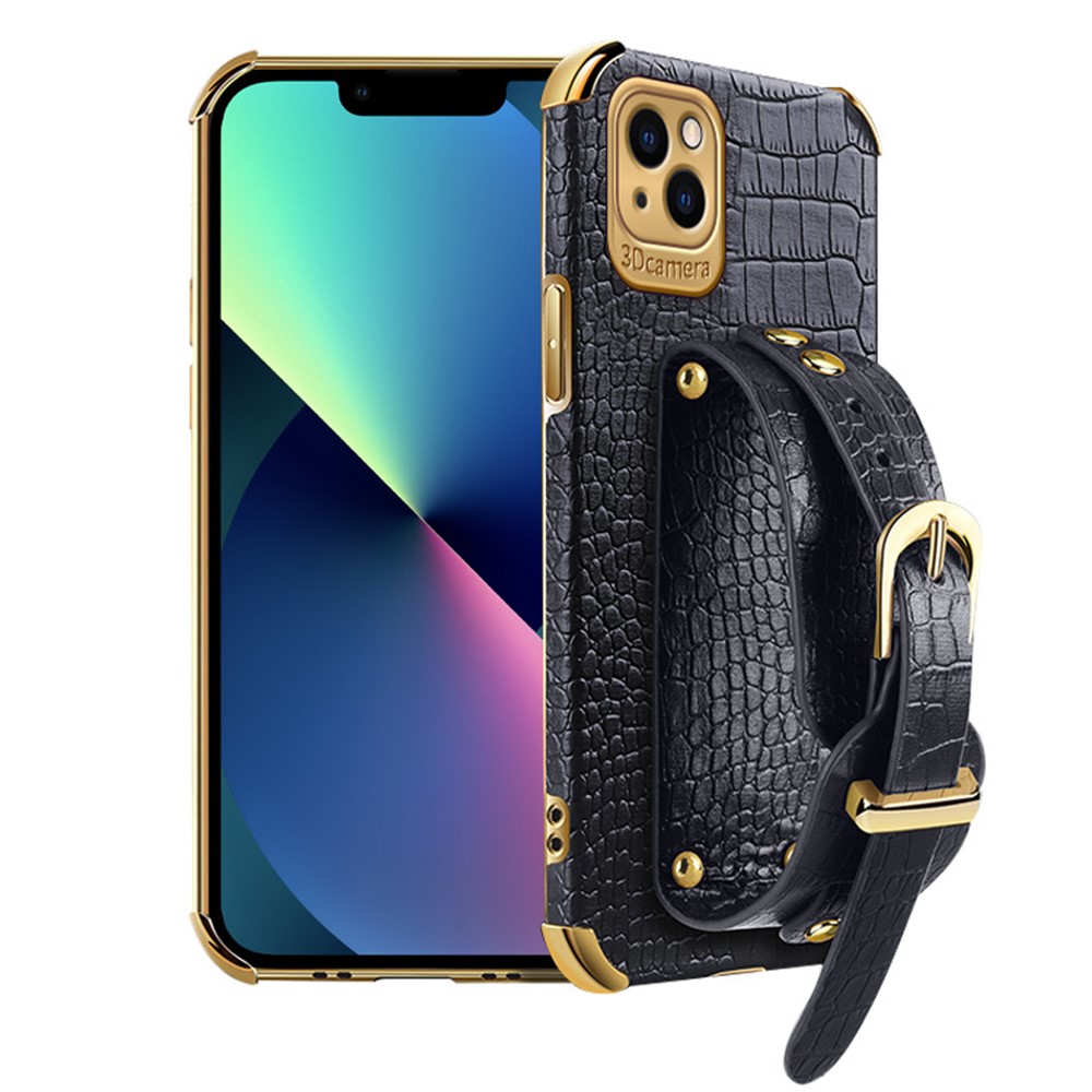 For iPhone 13 mini 5.4 inch Wristband Phone Cover Anti-scratch Crocodile Texture Electroplating Precise Cutout PU Leather + TPU Cell Phone Case - Black