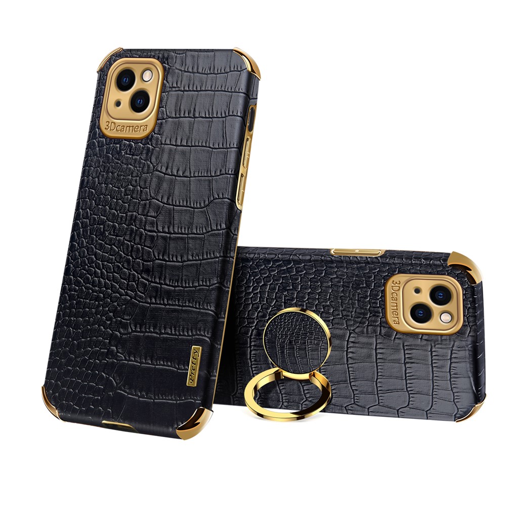 For iPhone 13 mini 5.4 inch 6D Precise Cutout Electroplated Crocodile Texture Leather Coated TPU Phone Case with Finger Ring Kickstand - Black