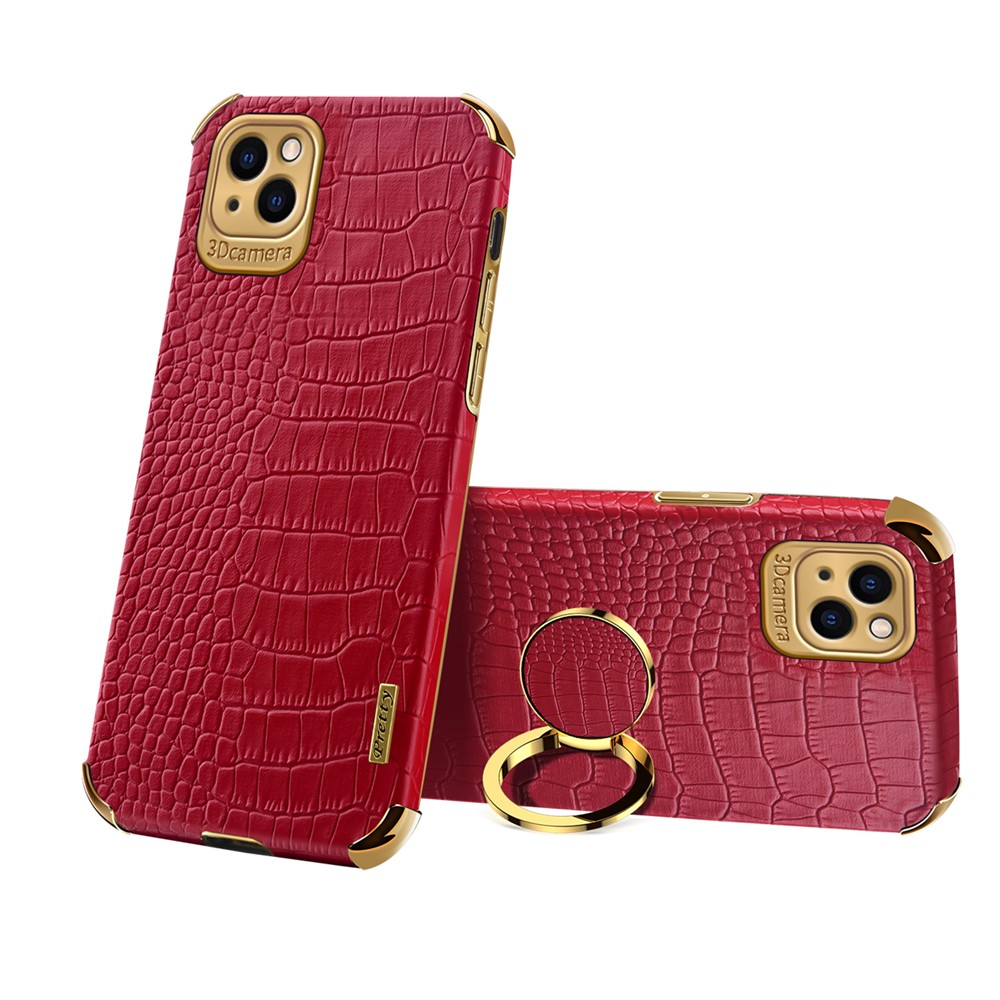 For iPhone 13 mini 5.4 inch 6D Precise Cutout Electroplated Crocodile Texture Leather Coated TPU Phone Case with Finger Ring Kickstand - Red