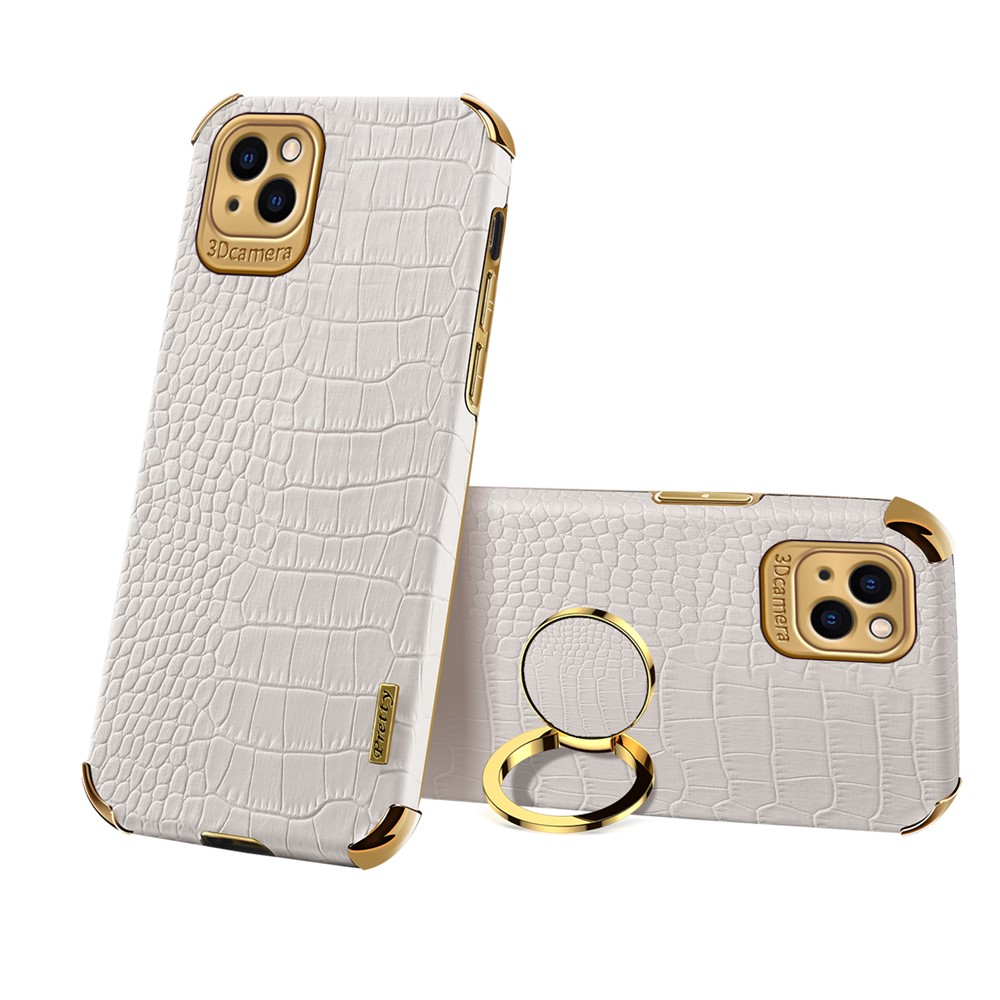 For iPhone 13 mini 5.4 inch 6D Precise Cutout Electroplated Crocodile Texture Leather Coated TPU Phone Case with Finger Ring Kickstand - White