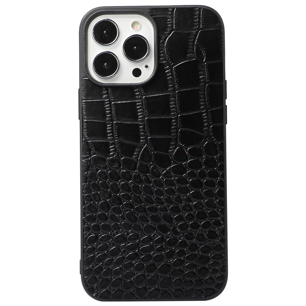 For iPhone 13 Pro 6.1 inch Mobile Phone Cover Genuine Cowhide Leather Crocodile Texture Inner PC + TPU Phone Case - Black-1
