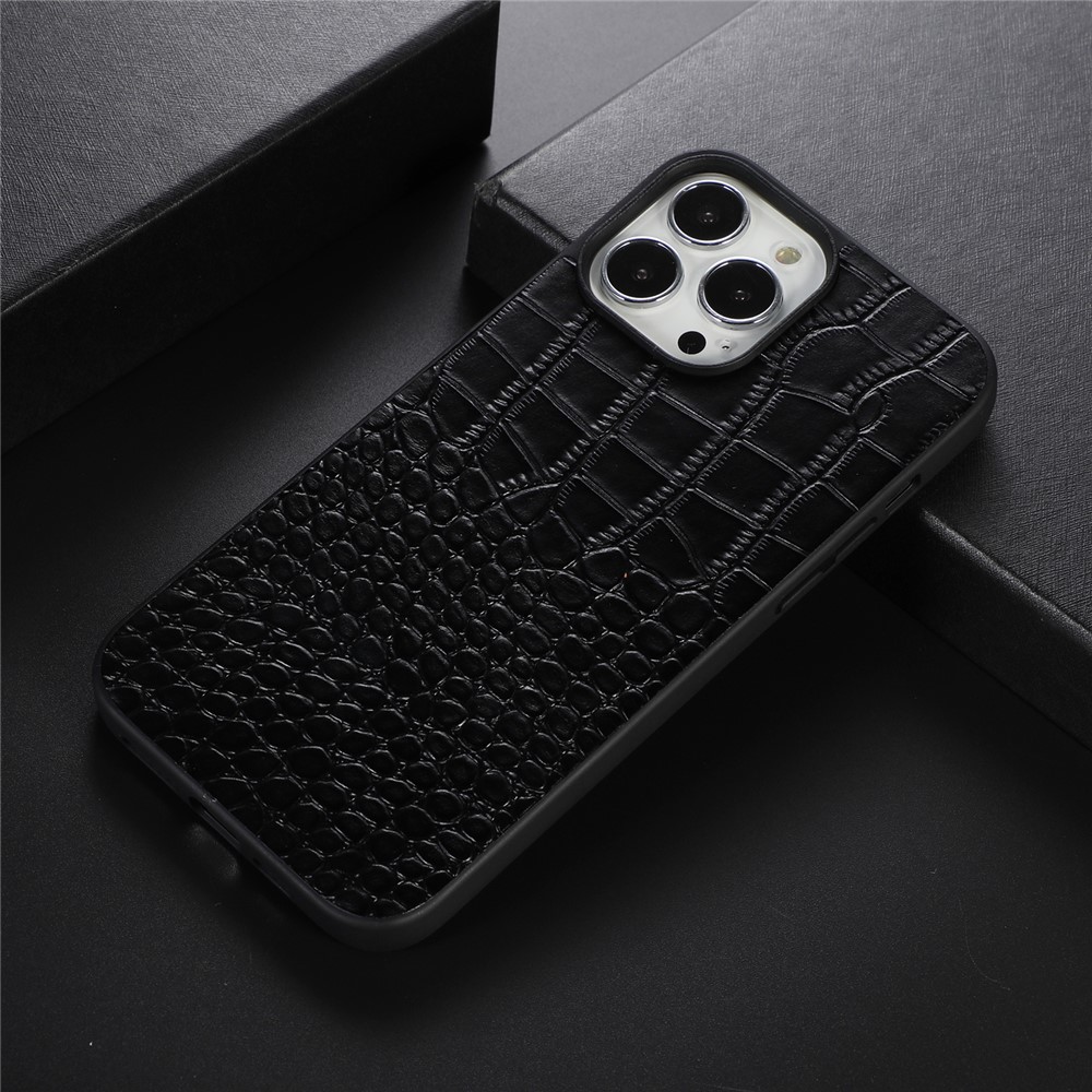 For iPhone 13 Pro 6.1 inch Mobile Phone Cover Genuine Cowhide Leather Crocodile Texture Inner PC + TPU Phone Case - Black-2