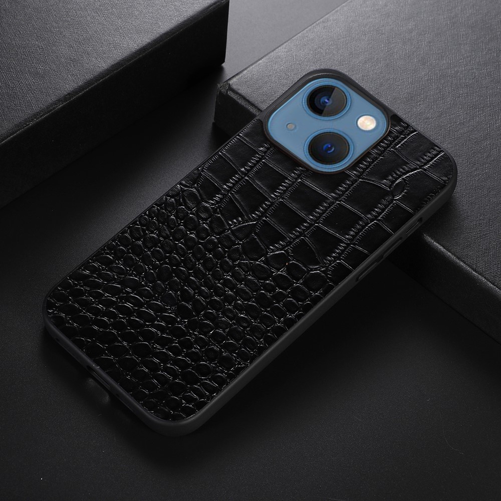 For iPhone 13 6.1 inch Crocodile Texture Genuine Leather Phone Case Coated PC + TPU Bottom Case - Black-2