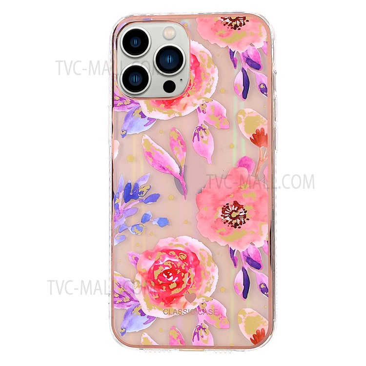 For iPhone 13 Pro 6.1 inch Aurora Effect Flower Pattern Electroplating Phone TPU Case IMD Workmanship Protective Cover - Red/Purple-1
