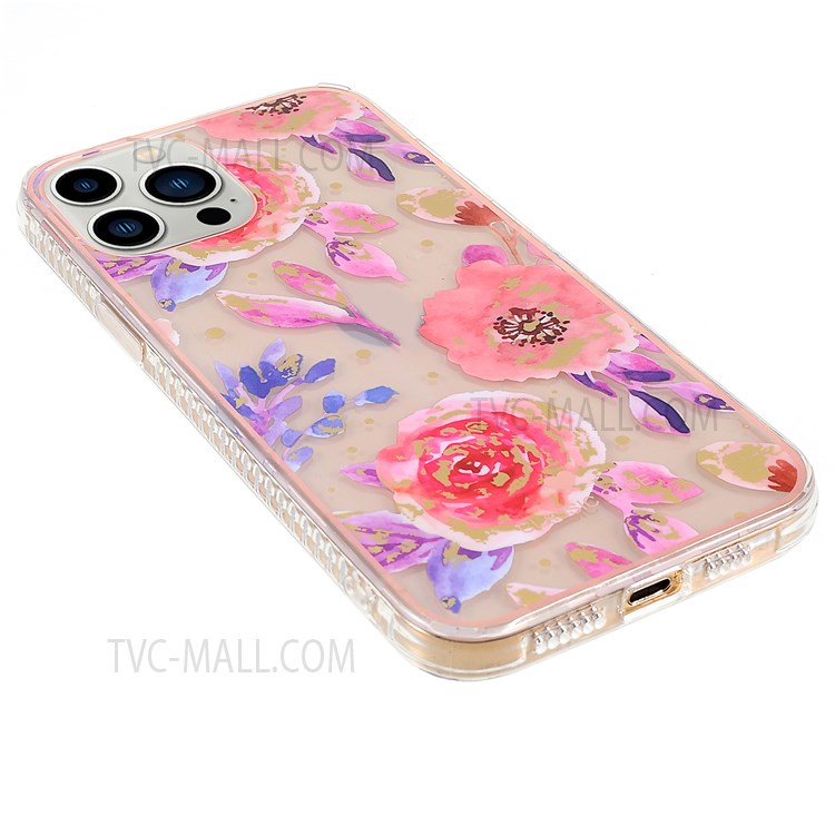 For iPhone 13 Pro 6.1 inch Aurora Effect Flower Pattern Electroplating Phone TPU Case IMD Workmanship Protective Cover - Red/Purple-4