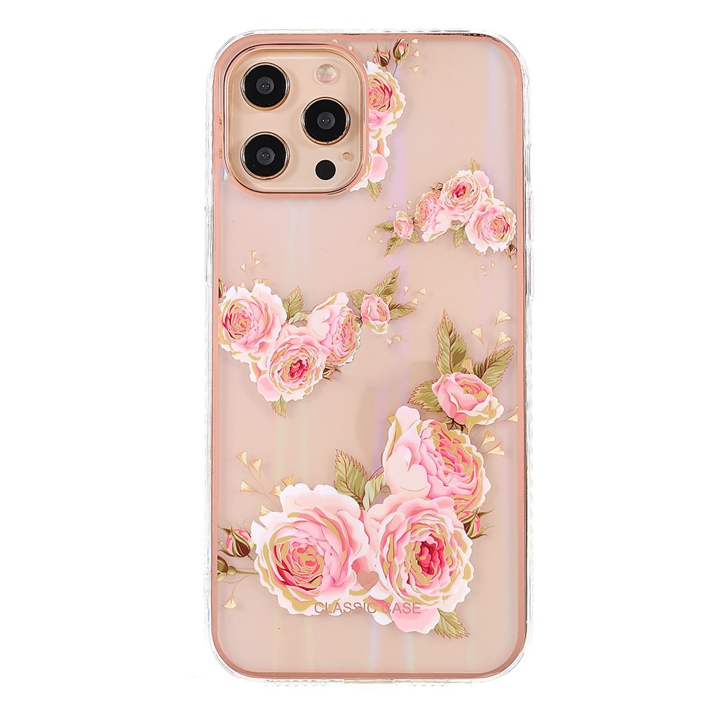 Flower Pattern Electroplating Phone Case for iPhone 12 Pro Max 6.7 inch, Aurora Effect IMD Workmanship TPU Shell - Rose-1