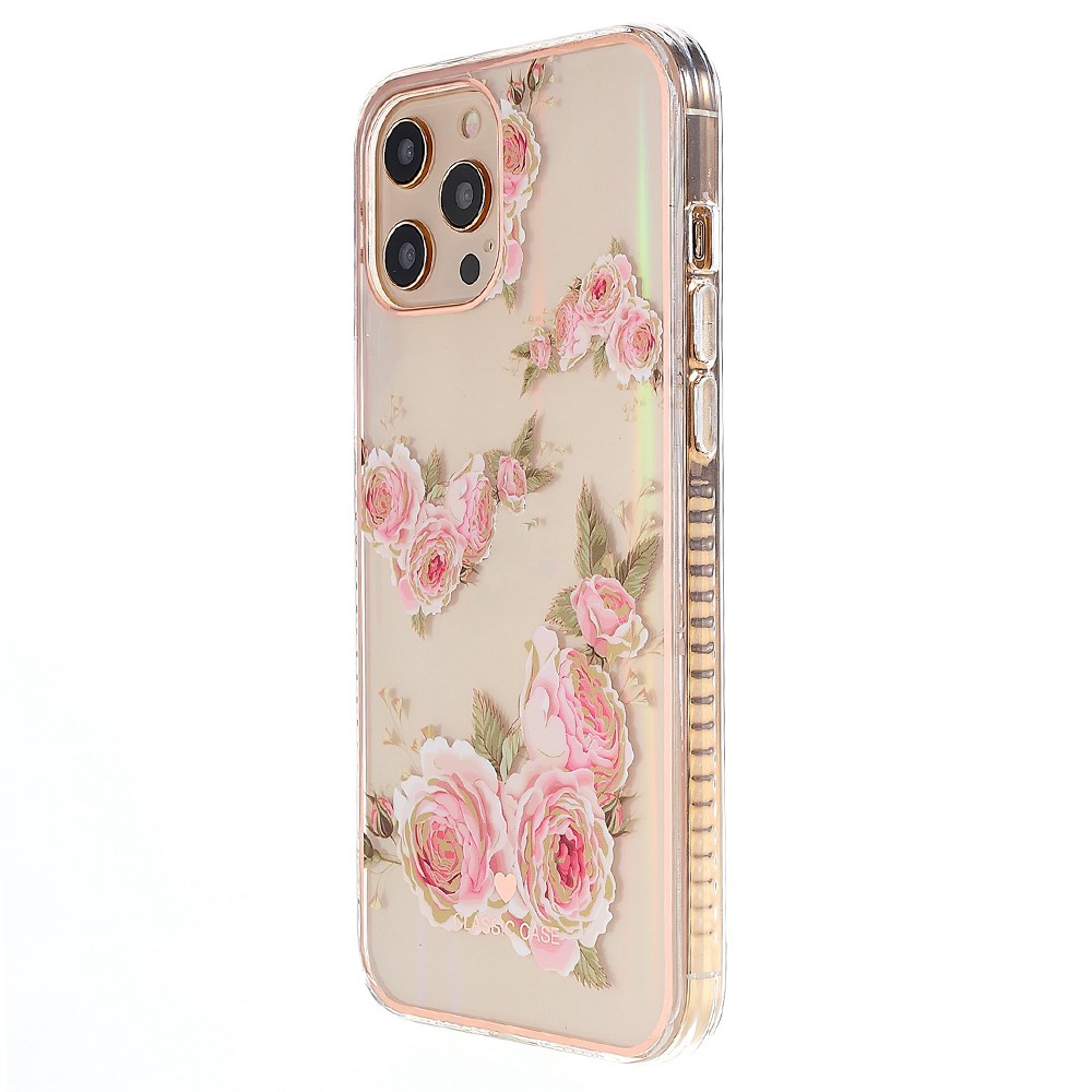 Flower Pattern Electroplating Phone Case for iPhone 12 Pro Max 6.7 inch, Aurora Effect IMD Workmanship TPU Shell - Rose-2