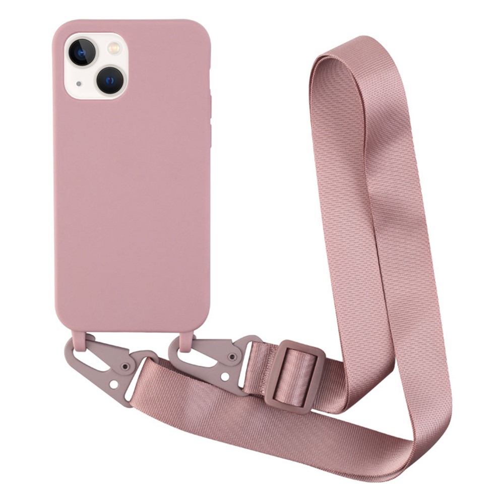For iPhone 13 mini 5.4 inch Matte Finish Lightweight Phone Case Soft TPU Protective Cover with Long Shoulder Strap - Deep Pink
