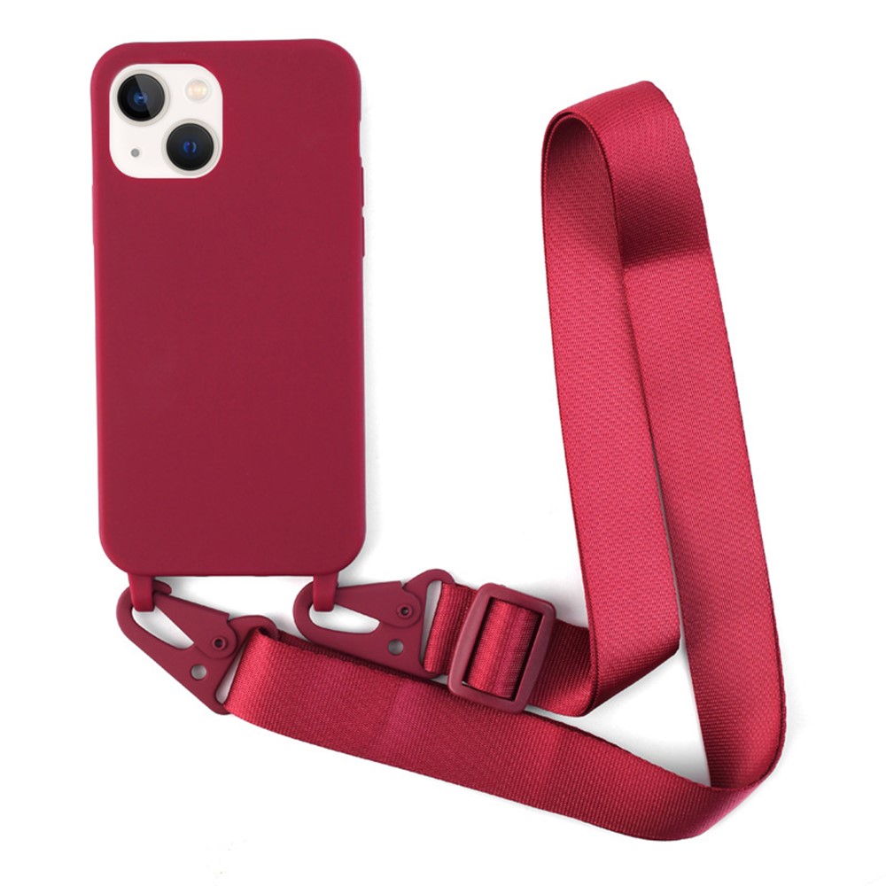 For iPhone 13 mini 5.4 inch Matte Finish Lightweight Phone Case Soft TPU Protective Cover with Long Shoulder Strap - Red