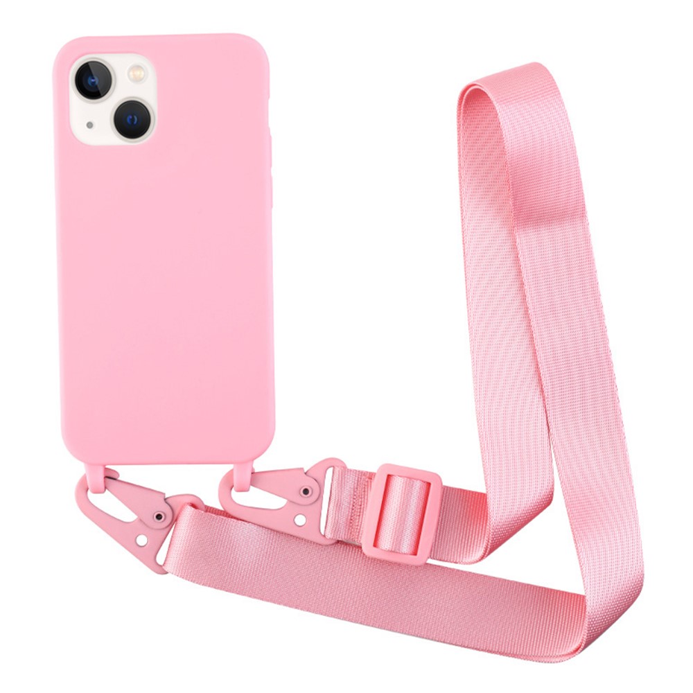 For iPhone 13 mini 5.4 inch Matte Finish Lightweight Phone Case Soft TPU Protective Cover with Long Shoulder Strap - Pink