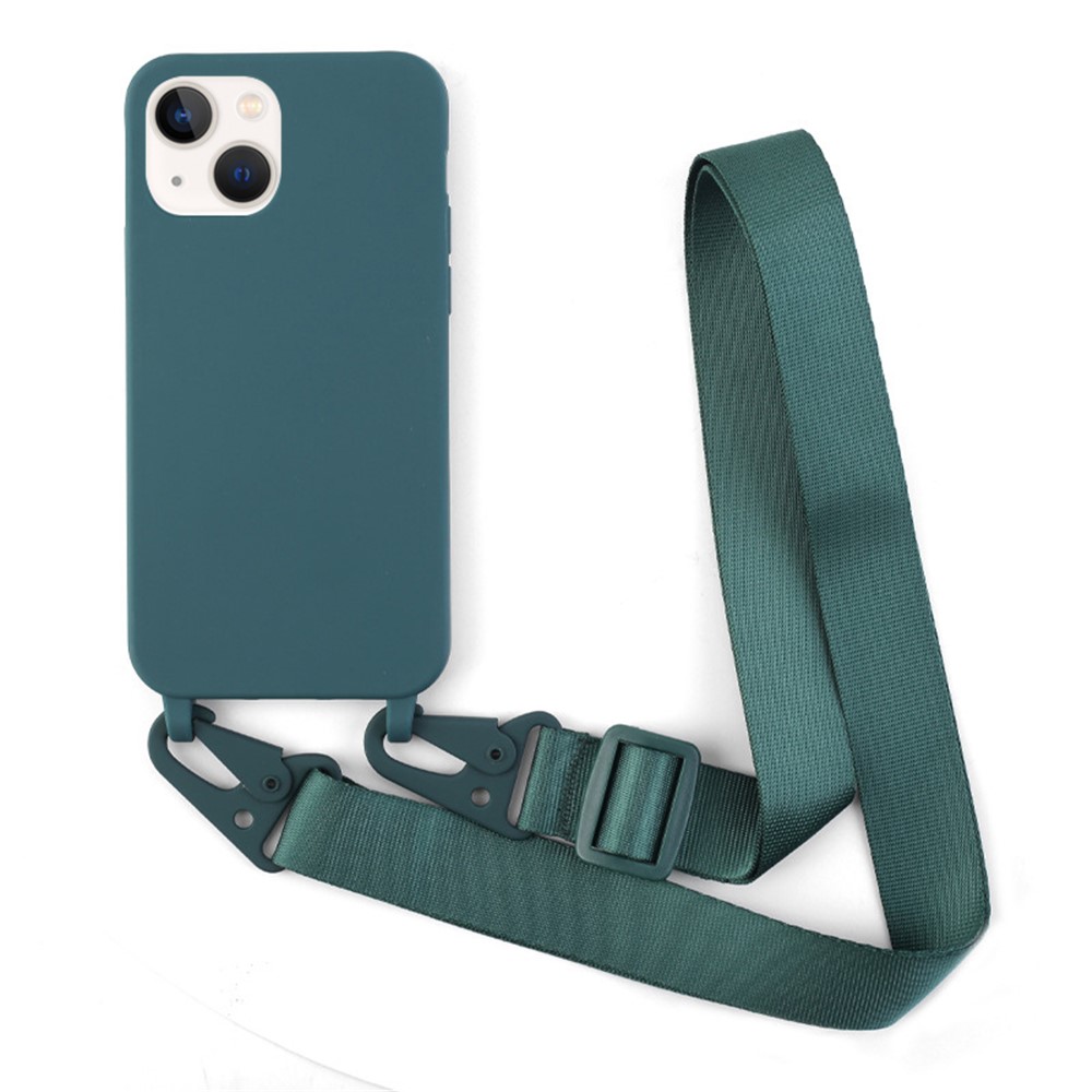 For iPhone 13 mini 5.4 inch Matte Finish Lightweight Phone Case Soft TPU Protective Cover with Long Shoulder Strap - Dark Green