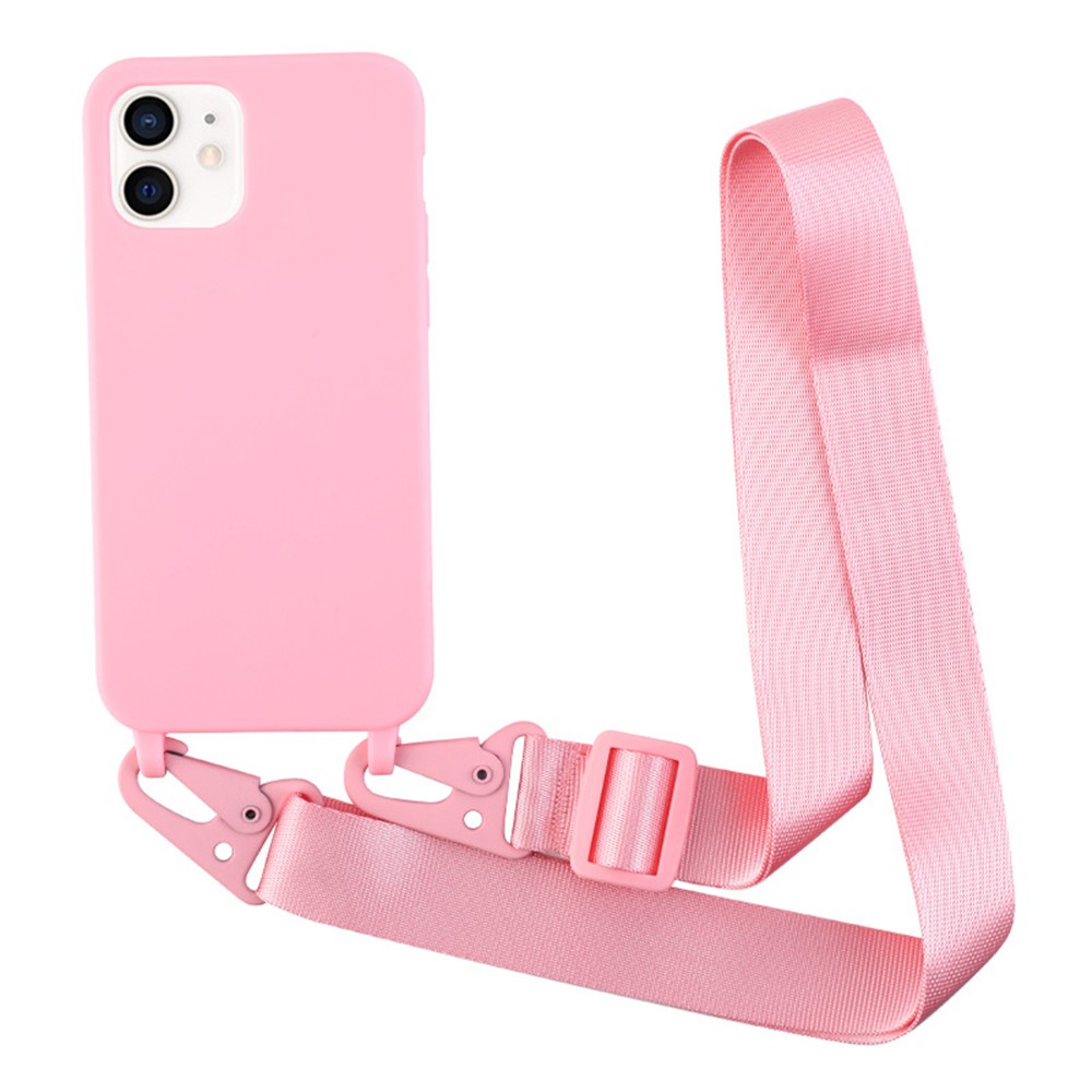 For iPhone 11 6.1 inch Slim Matte Cell Phone Case Drop Shockproof TPU Back Cover with Shoulder Strap - Pink