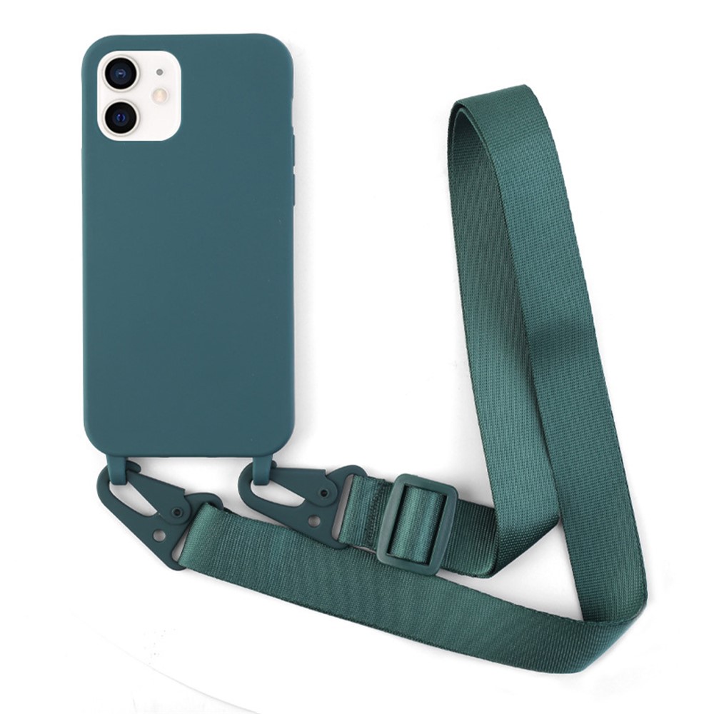 For iPhone 11 6.1 inch Slim Matte Cell Phone Case Drop Shockproof TPU Back Cover with Shoulder Strap - Dark Green