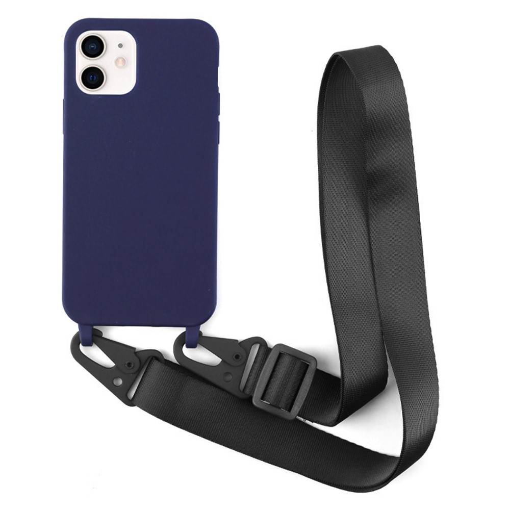 For iPhone 12 mini 5.4 inch Matte Surface Soft Skin Flexible TPU Anti-Scratch Protective Phone Case with Shoulder Strap - Dark Blue