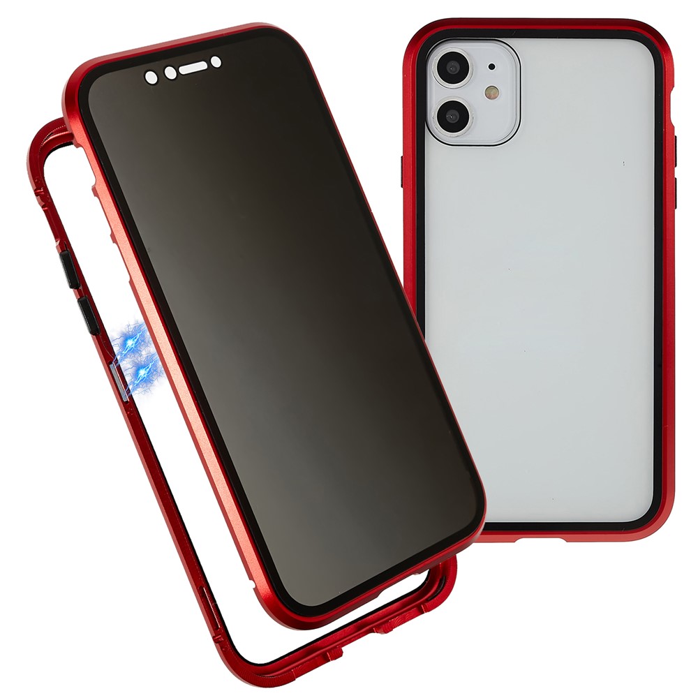 For iPhone 11 6.1 inch Anti-Peeping Magnetic Case Double-Sided Tempered Glass + Magnet Absorption Metal Bumper Frame Full Body Protection Cover - Red