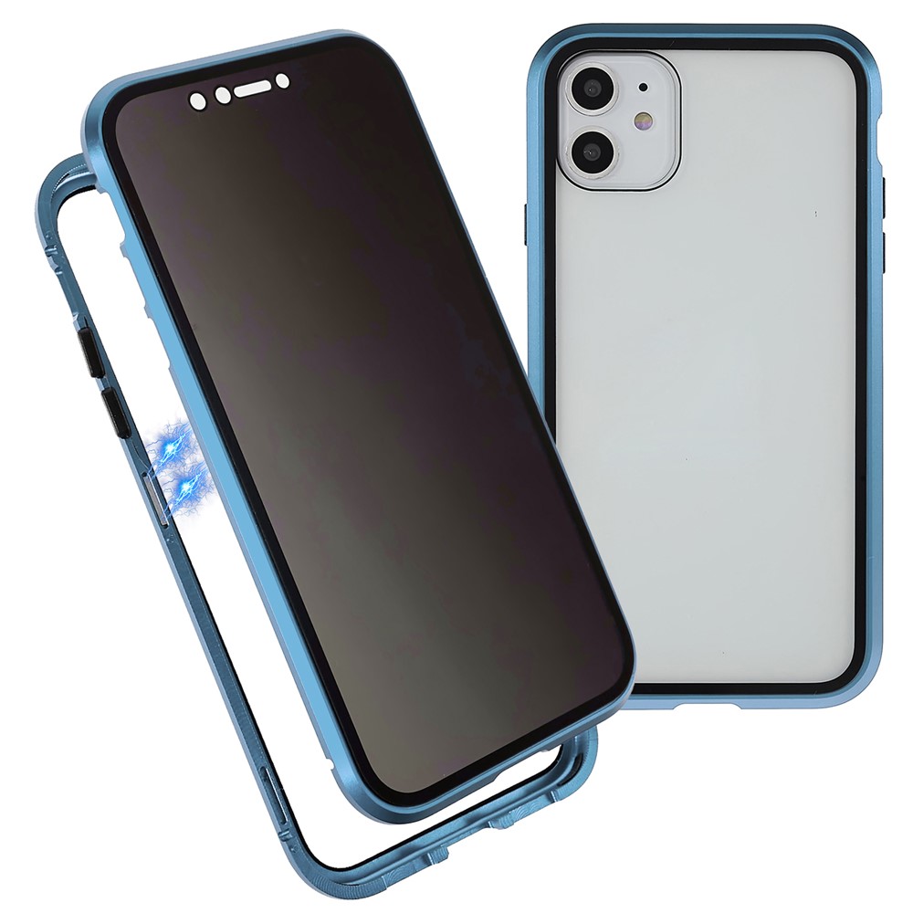 For iPhone 11 6.1 inch Anti-Peeping Magnetic Case Double-Sided Tempered Glass + Magnet Absorption Metal Bumper Frame Full Body Protection Cover - Blue