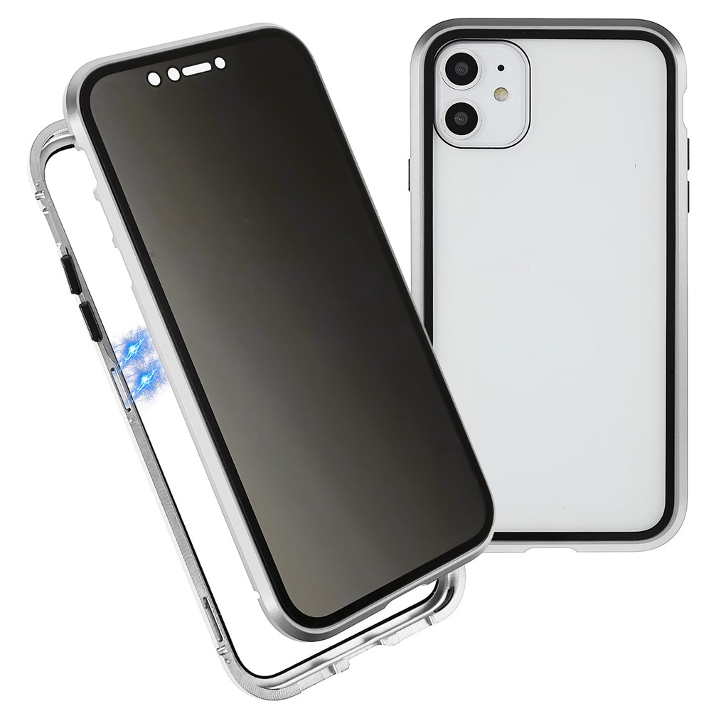 For iPhone 11 6.1 inch Anti-Peeping Magnetic Case Double-Sided Tempered Glass + Magnet Absorption Metal Bumper Frame Full Body Protection Cover - Silver