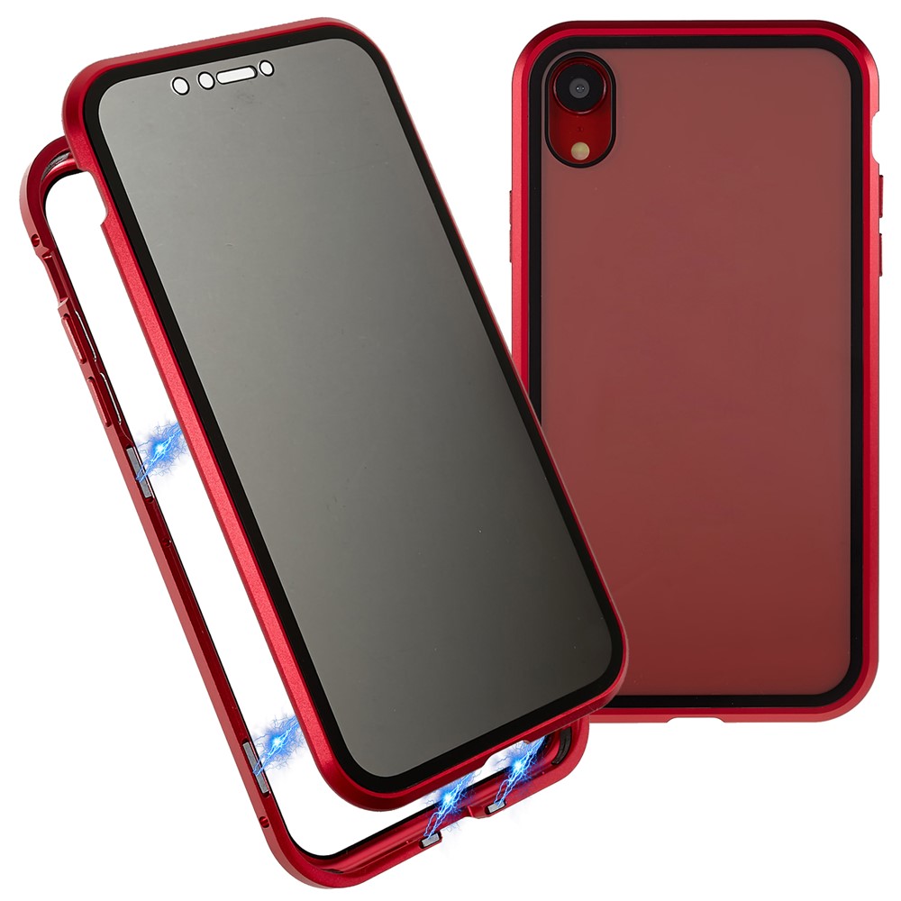 For iPhone XR 6.1 inch Privacy Magnetic Case Anti-Peeping Double-Sided Tempered Glass + Metal Bumper Frame Full Protective Phone Cover - Red