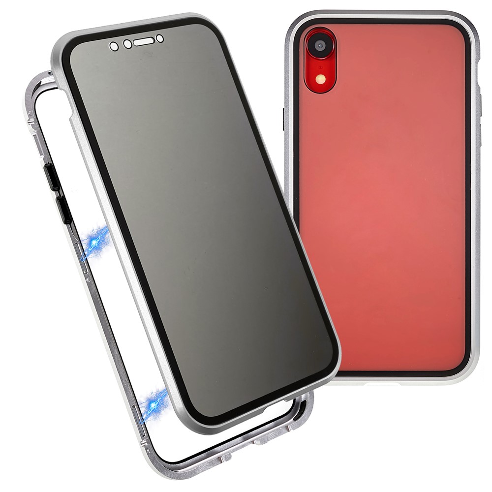 For iPhone XR 6.1 inch Privacy Magnetic Case Anti-Peeping Double-Sided Tempered Glass + Metal Bumper Frame Full Protective Phone Cover - Silver