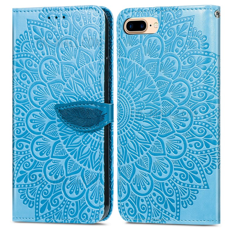 For iPhone 7 Plus/8 Plus 5.5 inch TPU+PU Leather Mobile Phone Case Imprinted Dream Wings Pattern Wallet Flip Cover with Strap - Blue-1