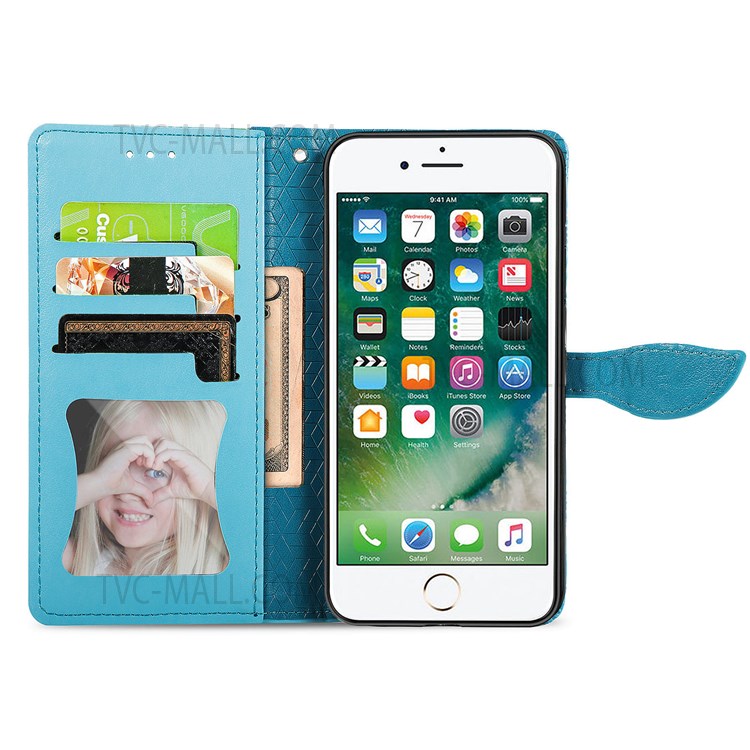 For iPhone 7 Plus/8 Plus 5.5 inch TPU+PU Leather Mobile Phone Case Imprinted Dream Wings Pattern Wallet Flip Cover with Strap - Blue-4