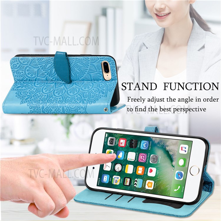 For iPhone 7 Plus/8 Plus 5.5 inch TPU+PU Leather Mobile Phone Case Imprinted Dream Wings Pattern Wallet Flip Cover with Strap - Blue-6