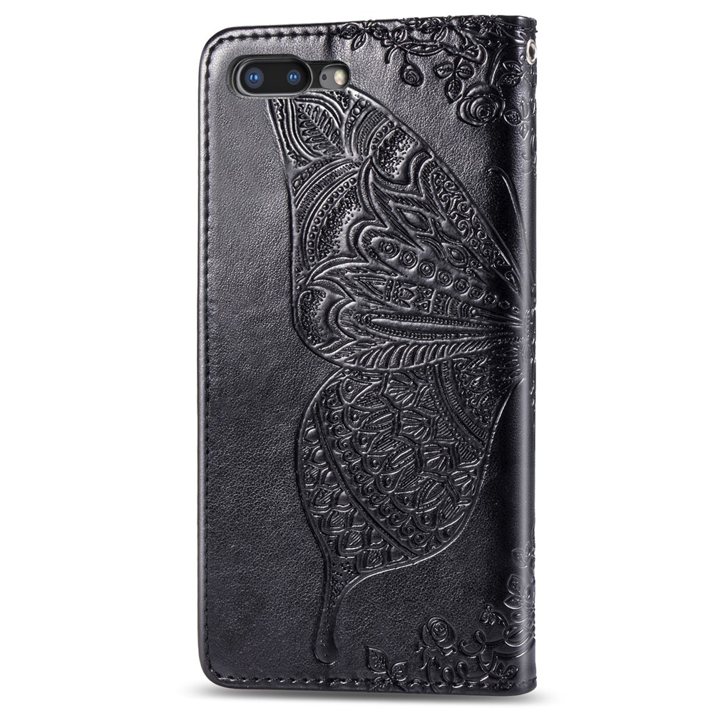 For iPhone 7 Plus / 8 Plus 5.5 inch Butterfly Flower Pattern Imprinted PU Leather Magnetic Flip Cover Viewing Stand Hand Strap Wallet Purse Case with Strap - Black-3