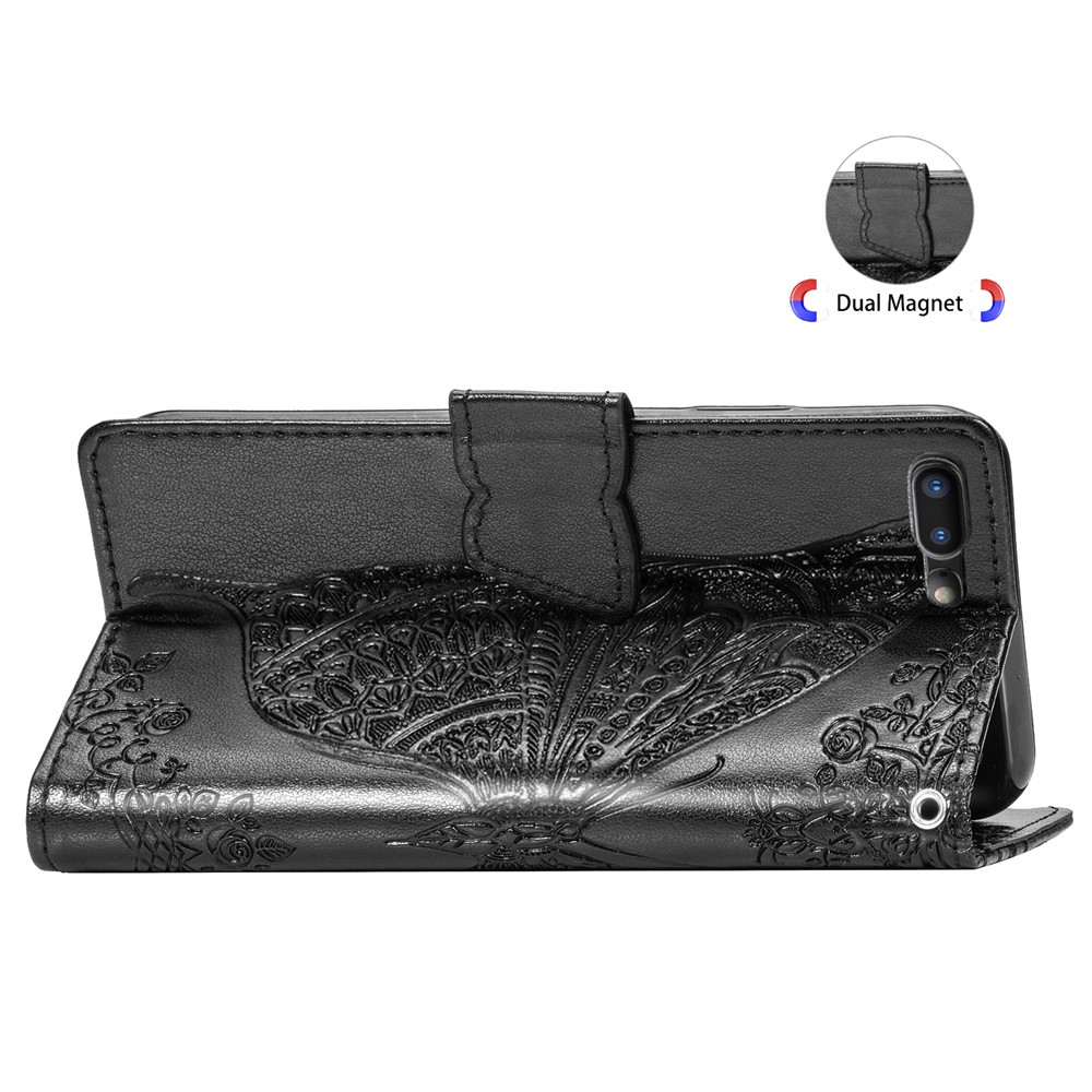 For iPhone 7 Plus / 8 Plus 5.5 inch Butterfly Flower Pattern Imprinted PU Leather Magnetic Flip Cover Viewing Stand Hand Strap Wallet Purse Case with Strap - Black-6