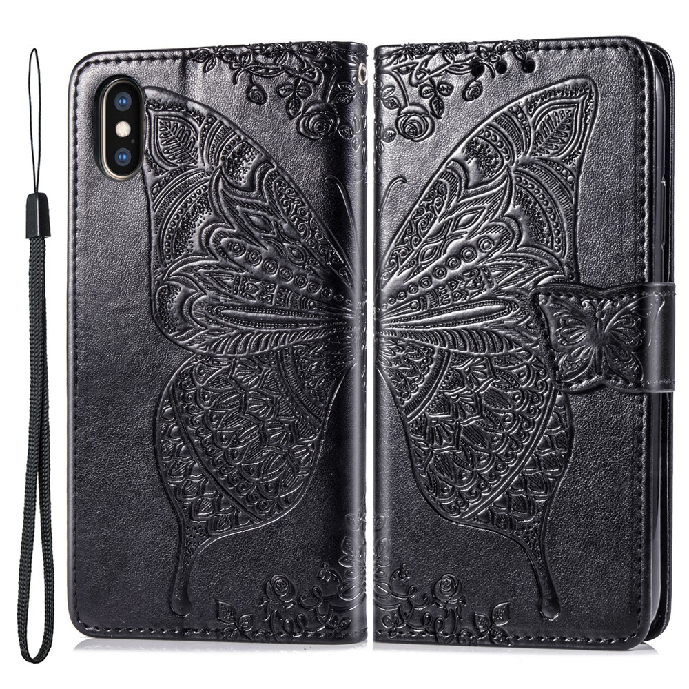 For iPhone XS Max 6.5 inch Imprinting Butterfly Flower PU Leather + TPU All-round Protection Wallet Stand Phone Cover Case - Black-1