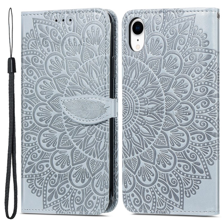 For iPhone XR 6.1 inch Imprinted Dream Wings Pattern Flip Phone Case Folio Wallet Wrist Strap PU Leather Stand Cover - Grey-1
