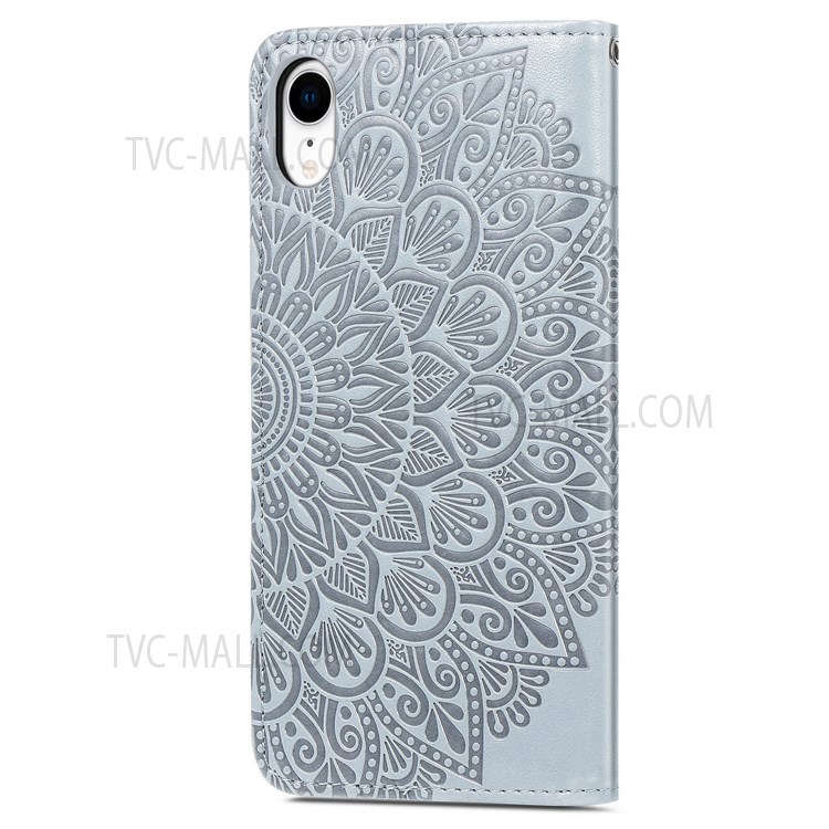 For iPhone XR 6.1 inch Imprinted Dream Wings Pattern Flip Phone Case Folio Wallet Wrist Strap PU Leather Stand Cover - Grey-3