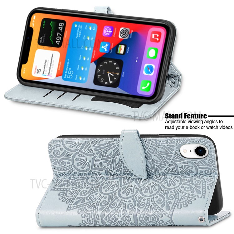 For iPhone XR 6.1 inch Imprinted Dream Wings Pattern Flip Phone Case Folio Wallet Wrist Strap PU Leather Stand Cover - Grey-5