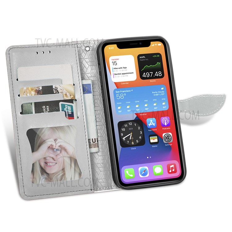 For iPhone XR 6.1 inch Imprinted Dream Wings Pattern Flip Phone Case Folio Wallet Wrist Strap PU Leather Stand Cover - Grey-6
