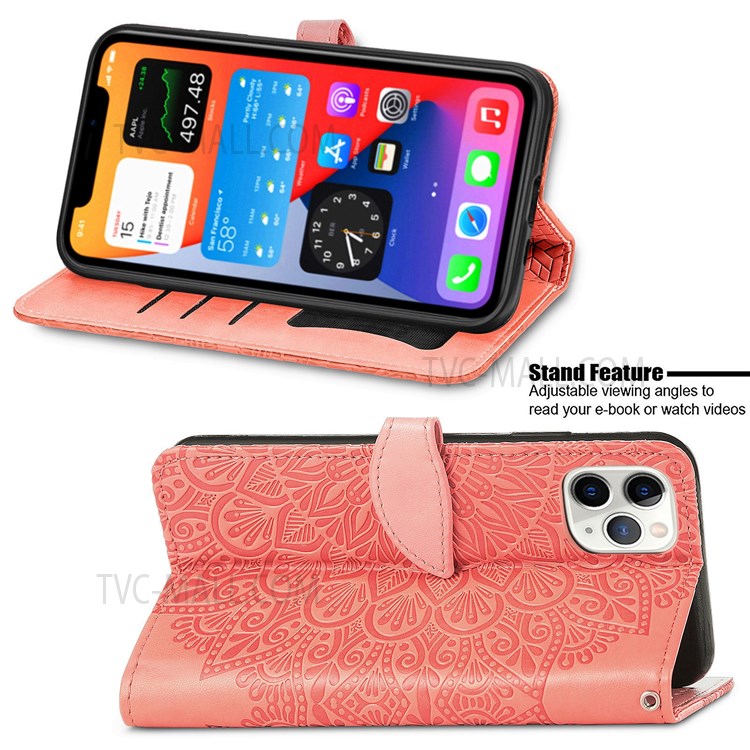 For iPhone 11 Pro 5.8 inch PU Leather Imprinted Dream Wings Pattern Case Wallet Stand Magnetic Closure Flip Shockproof Cover with Strap - Orange-5