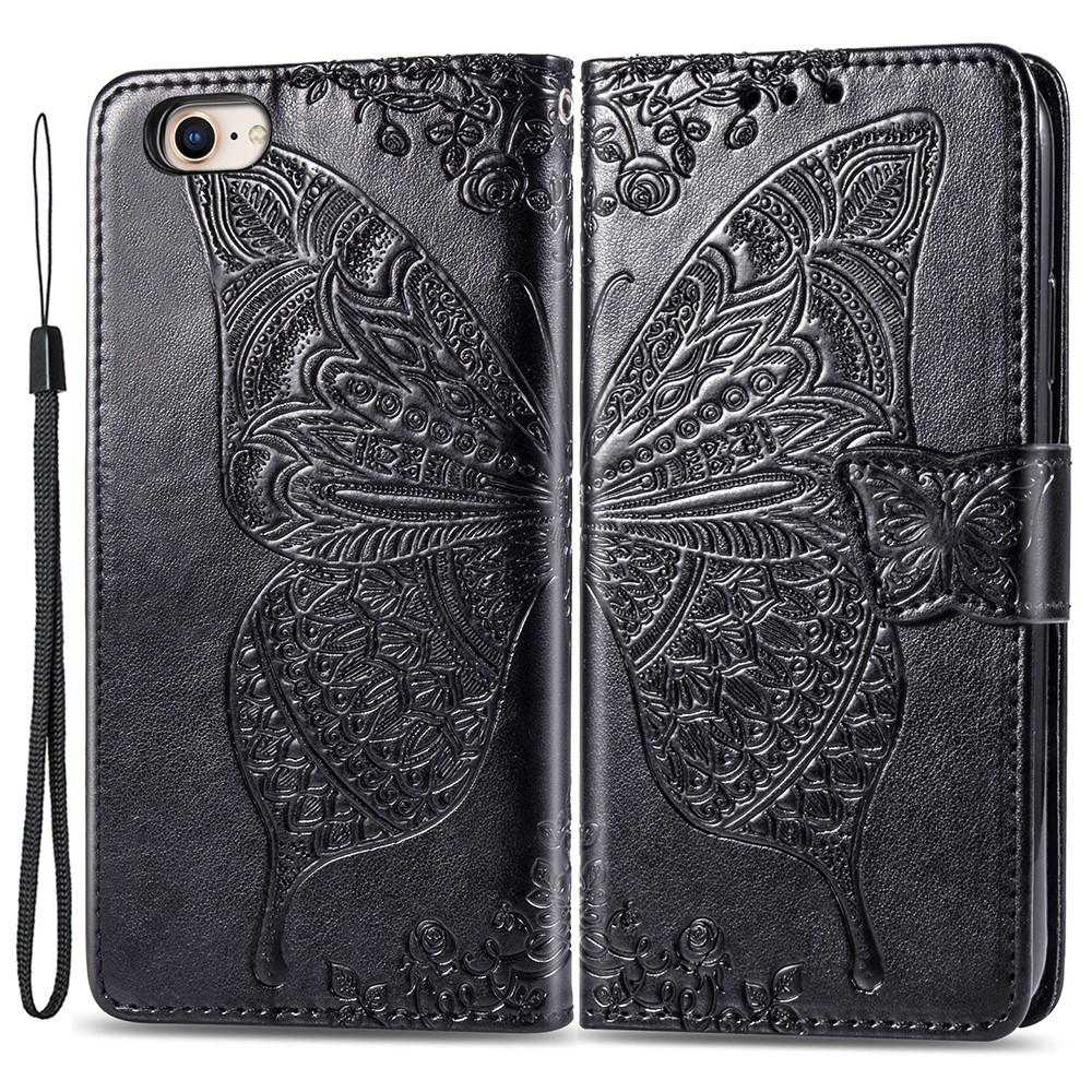 For iPhone 7 4.7 inch/8 4.7 inch/SE (2020)/SE (2022) Imprinting Butterfly Flower PU Leather Stand Cover Wallet Phone Case - Black-1
