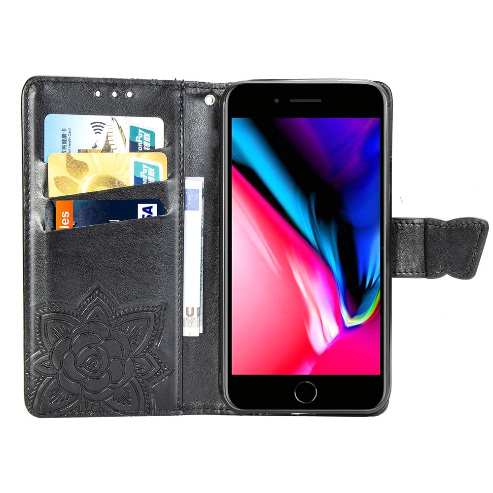 For iPhone 7 4.7 inch/8 4.7 inch/SE (2020)/SE (2022) Imprinting Butterfly Flower PU Leather Stand Cover Wallet Phone Case - Black-4