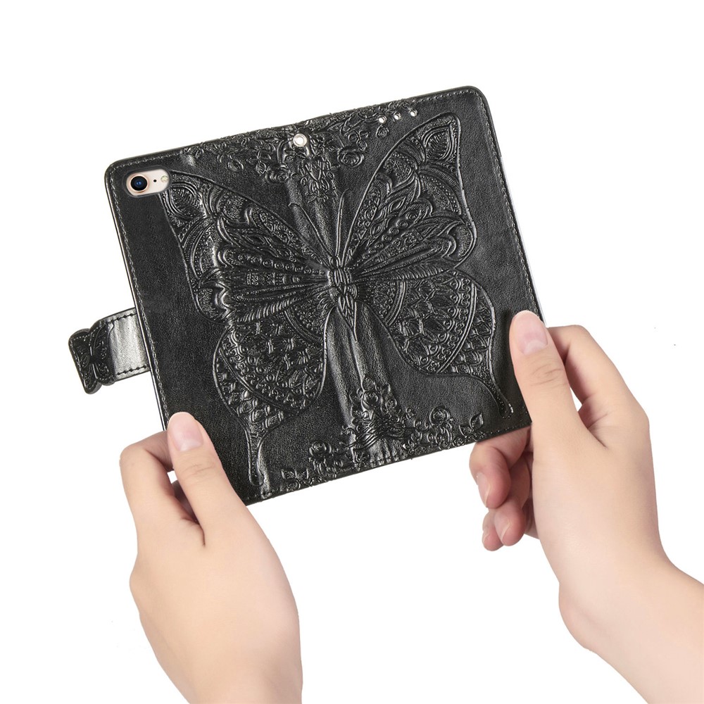 For iPhone 7 4.7 inch/8 4.7 inch/SE (2020)/SE (2022) Imprinting Butterfly Flower PU Leather Stand Cover Wallet Phone Case - Black-8