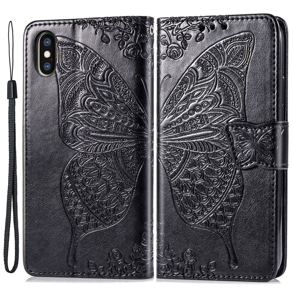 For iPhone X/XS 5.8 inch Butterfly Flower Imprinted PU Leather Magnetic Clasp Phone Case with Wallet Stand - Black-1
