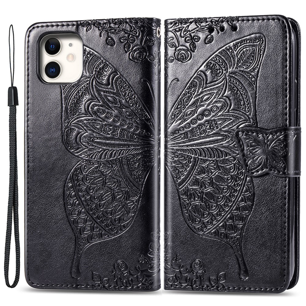 For iPhone 12 6.1 inch/12 Pro 6.1 inch Imprinting Butterfly Flower PU Leather Folio Flip Wallet Stand Phone Case - Black-1