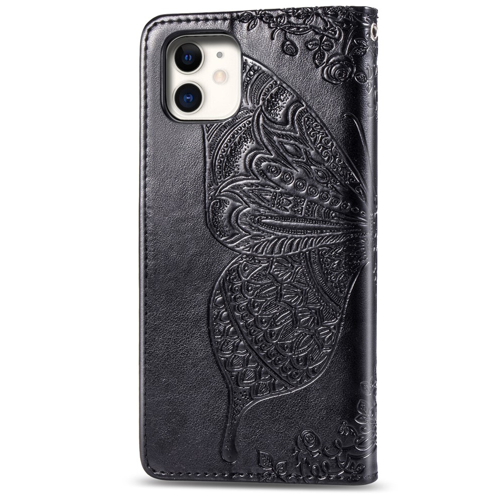 For iPhone 12 6.1 inch/12 Pro 6.1 inch Imprinting Butterfly Flower PU Leather Folio Flip Wallet Stand Phone Case - Black-3