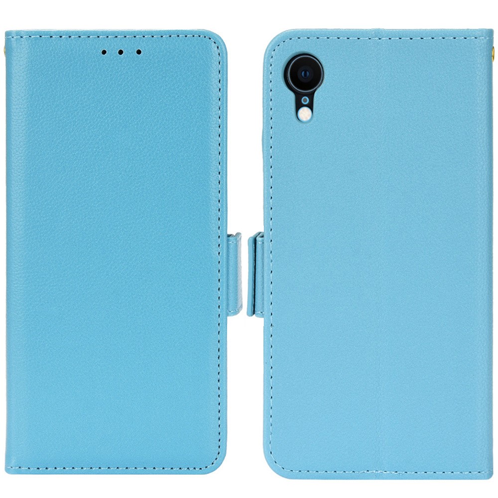 For iPhone XR 6.1 inch Solid Color Litchi Texture PU Leather Mobile Phone Stand Case Protective Shell with Wallet - Baby Blue