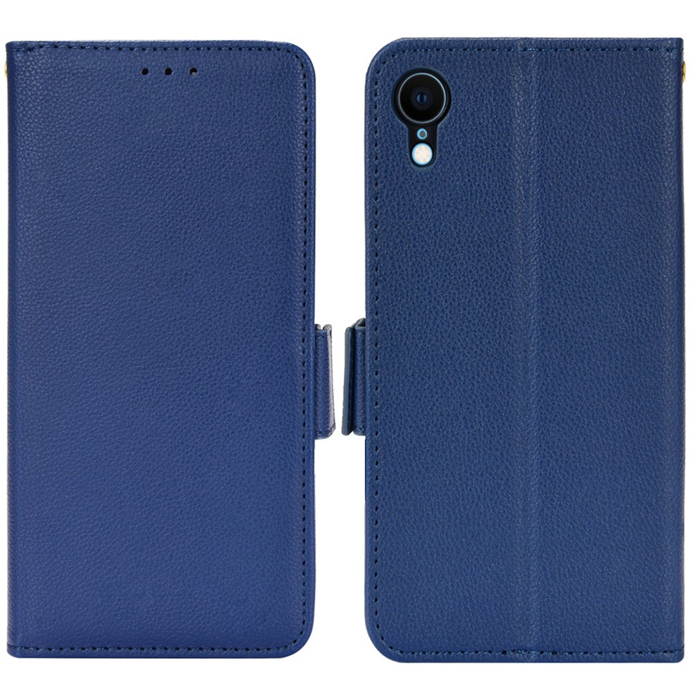 For iPhone XR 6.1 inch Solid Color Litchi Texture PU Leather Mobile Phone Stand Case Protective Shell with Wallet - Dark Blue