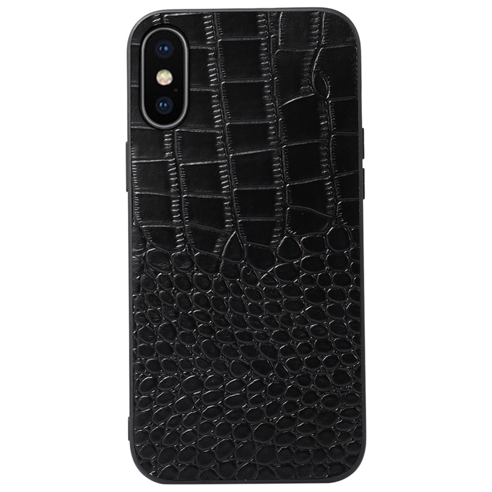 For iPhone XS Max 6.5 inch Crocodile Texture Phone Cover Genuine Cowhide Leather Coated PC + TPU Hybrid Case - Black