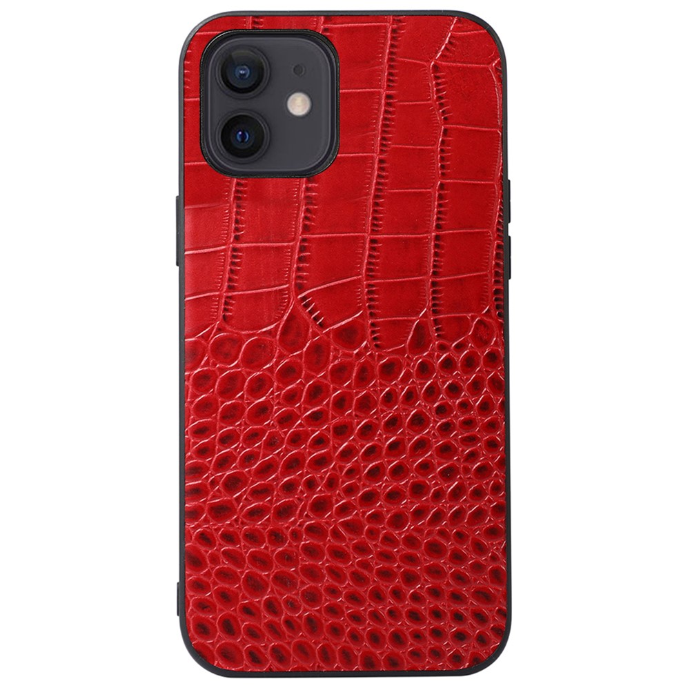 For Xiaomi 12 mini 5.4 inch Genuine Cowhide Leather Coating PC + TPU Well-protected Crocodile Texture Anti-fall Phone Cover - Red-1