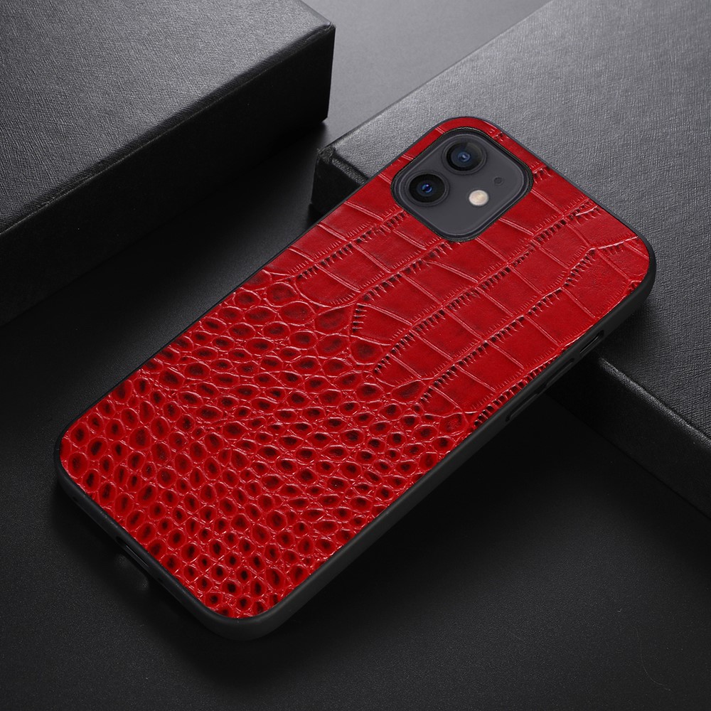 For Xiaomi 12 mini 5.4 inch Genuine Cowhide Leather Coating PC + TPU Well-protected Crocodile Texture Anti-fall Phone Cover - Red-2