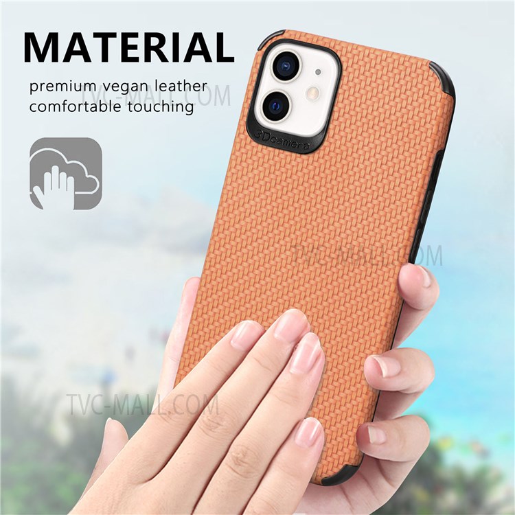 For iPhone 12 6.1 inch/12 Pro 6.1 inch PU Leather Coating Carbon Fiber Phone Case TPU + PVC Hybrid Cover - Brown-4