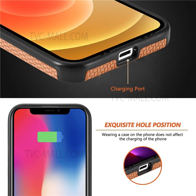 For iPhone 12 6.1 inch/12 Pro 6.1 inch PU Leather Coating Carbon Fiber Phone Case TPU + PVC Hybrid Cover - Brown-5